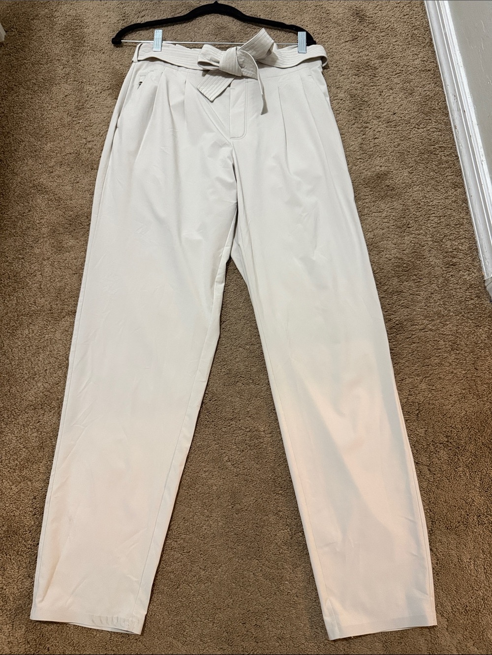 Athleta Skyline Pant II, beige Paperbag Waist Track Pants with Tie Belt